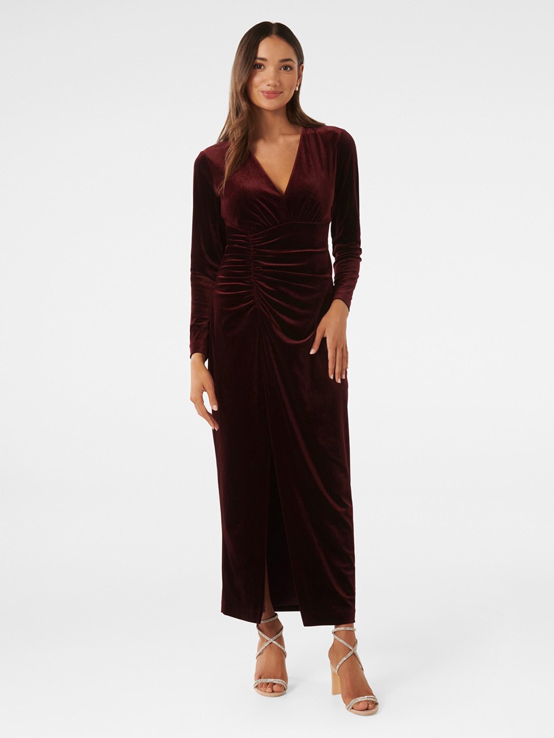 

Forever New V-Neck Long Sleeves Gathered Ruched Velvet Maxi Dress, Maroon