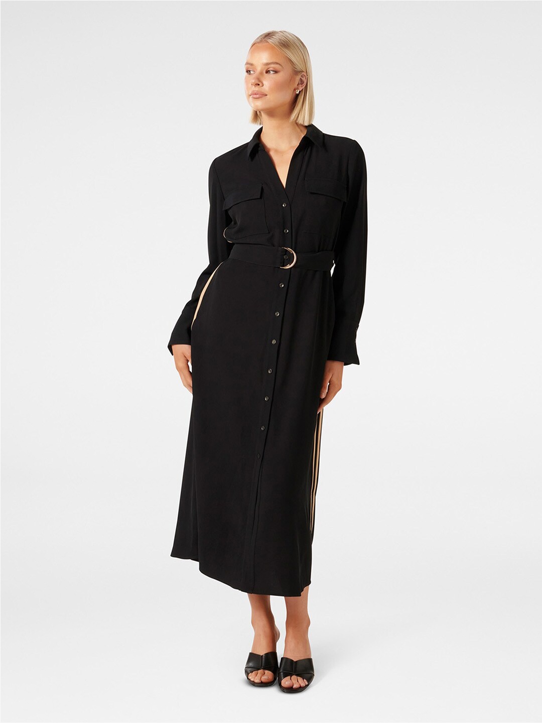 

Forever New Shirt Collar Cuffed Sleeves Midi Shirt Dress With Belt, Black