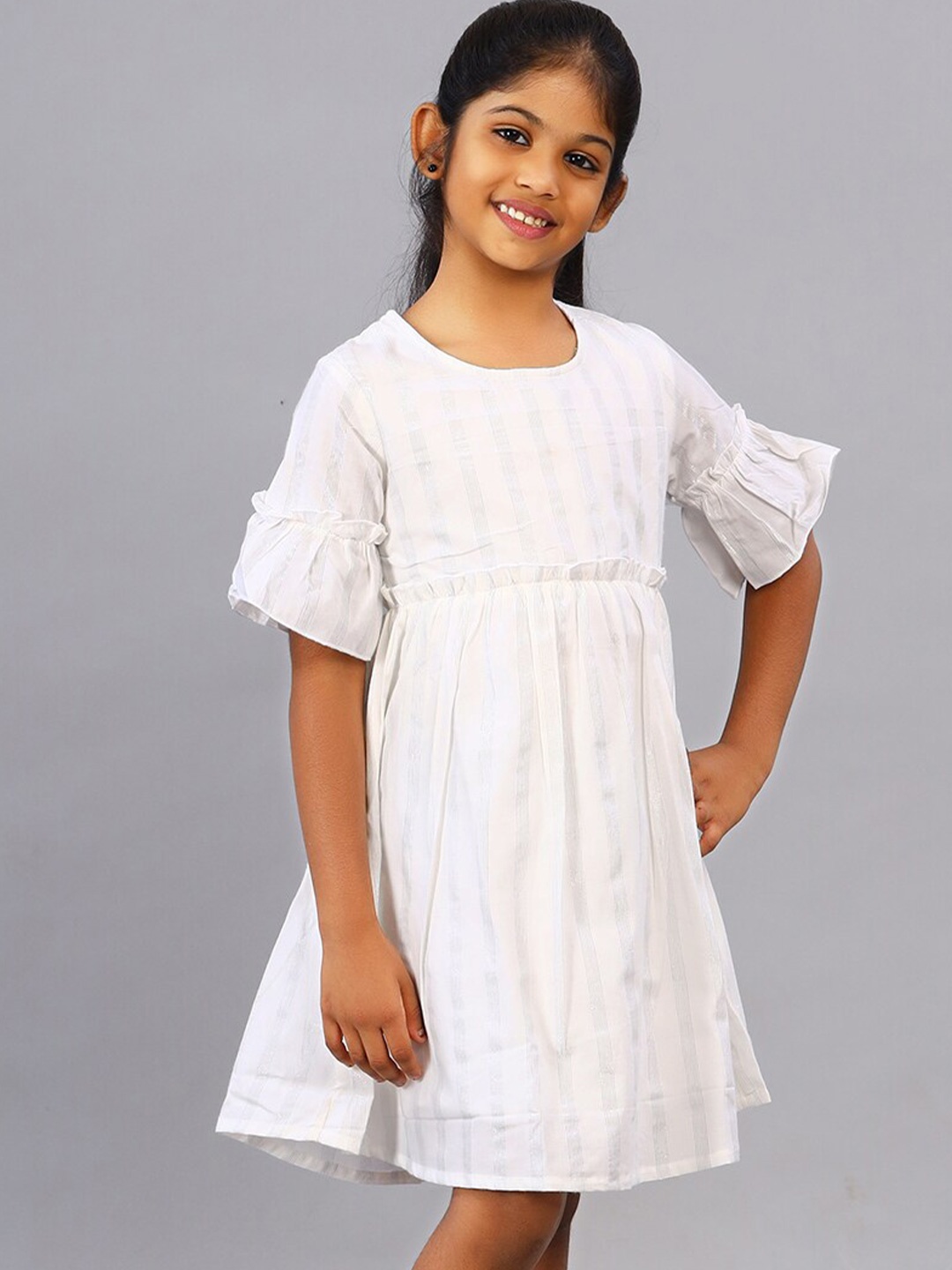 

ZION Striped Bell Sleeves Gathered or Pleated Detail Cotton Fit & Flare Dress, White