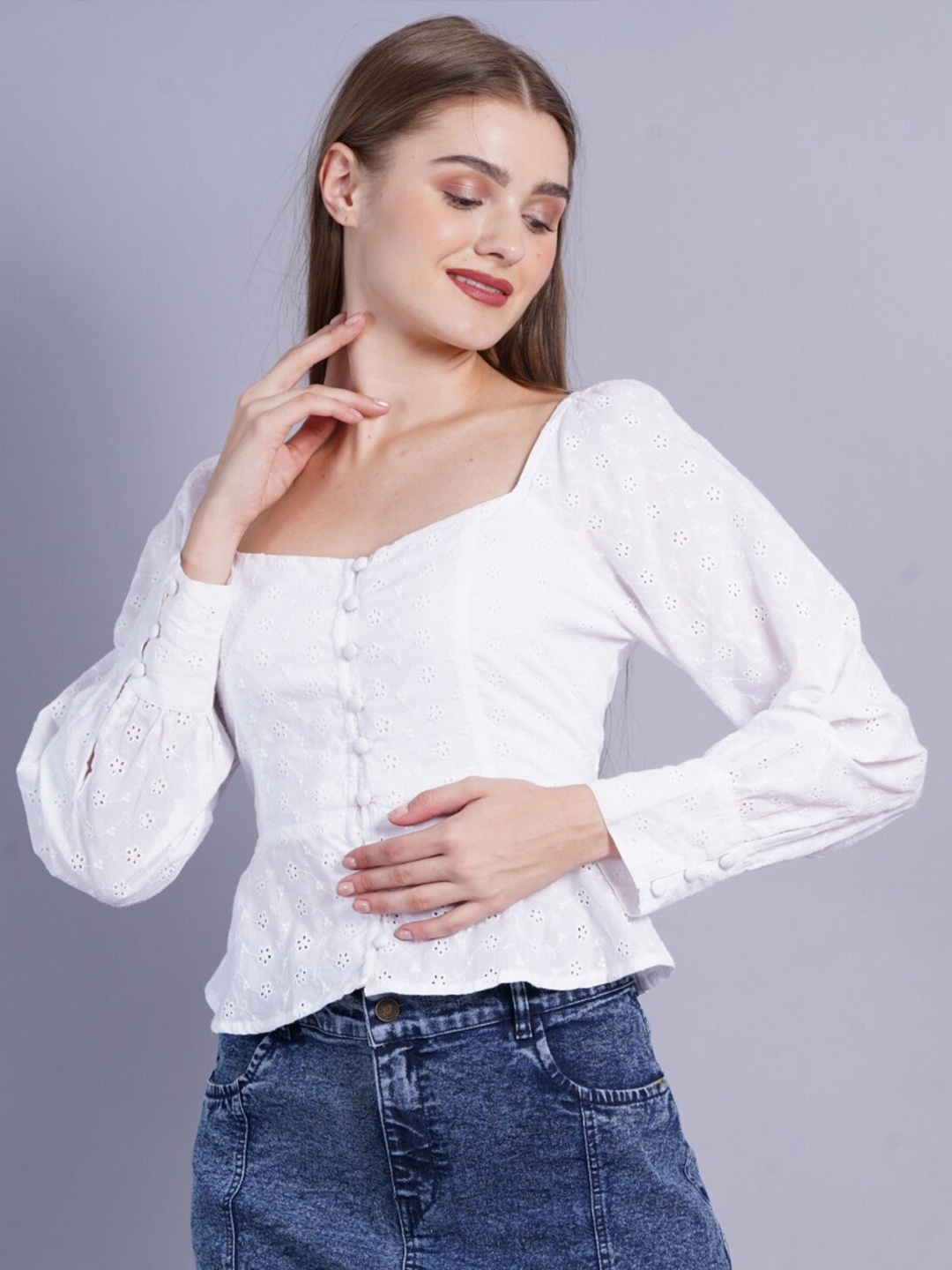 

SIGHTBOMB Self Design Puff Sleeves Cotton Schiffli Top, White