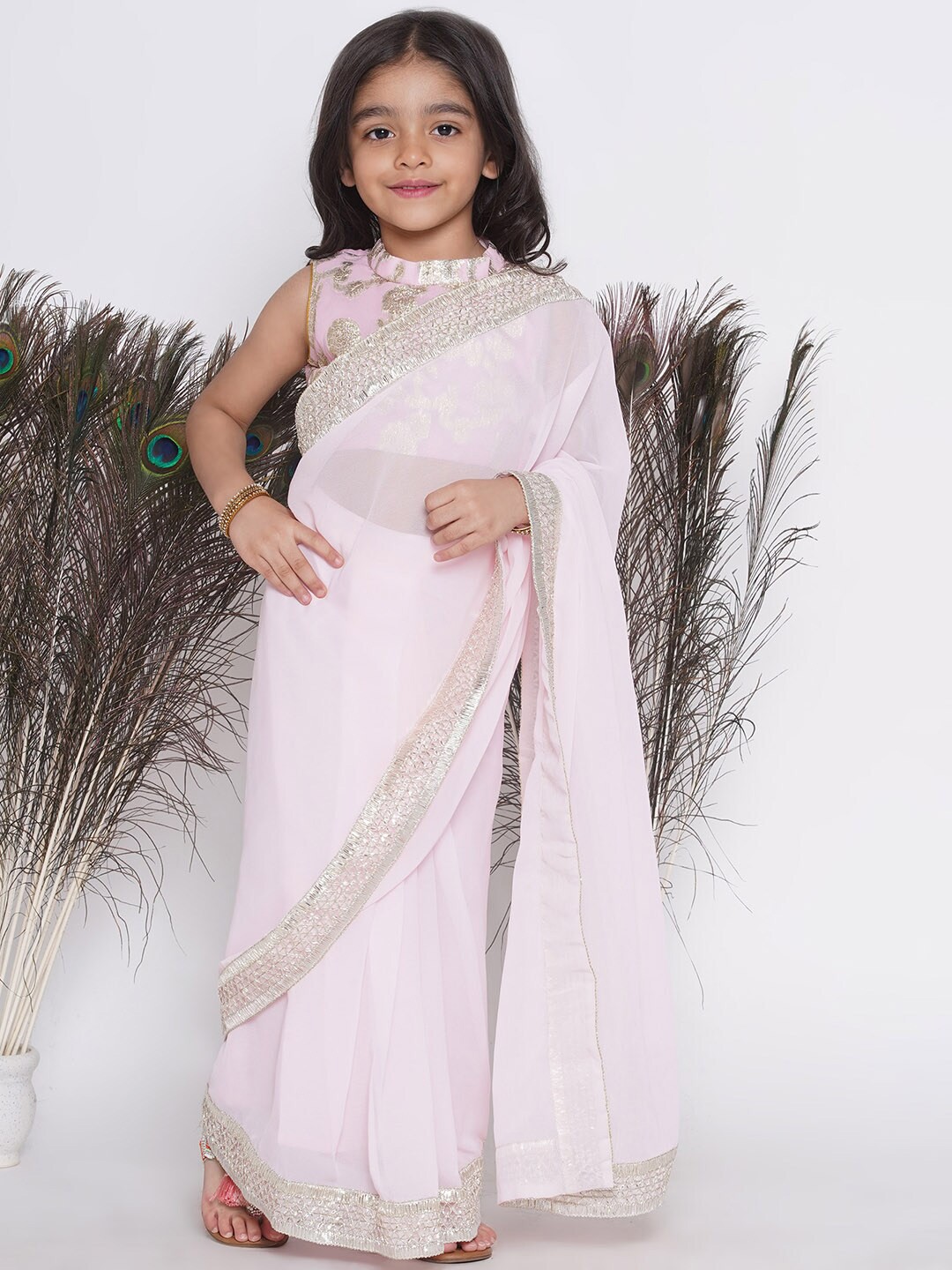 

Little Bansi Girls Embroidered Border Pure Cotton Ready to Wear Saree With Blouse, Pink