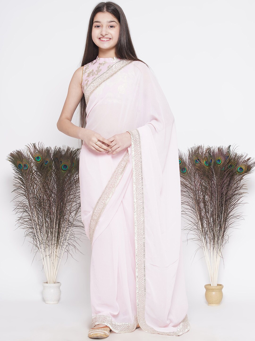 

Little Bansi Girls Embroidered Bordered Pure Cotton Ready to Wear Saree With Blouse, Pink