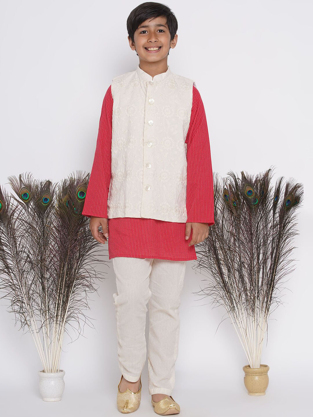 

Little Bansi Boys Mandarin Collar Pure Cotton Kurta, Red