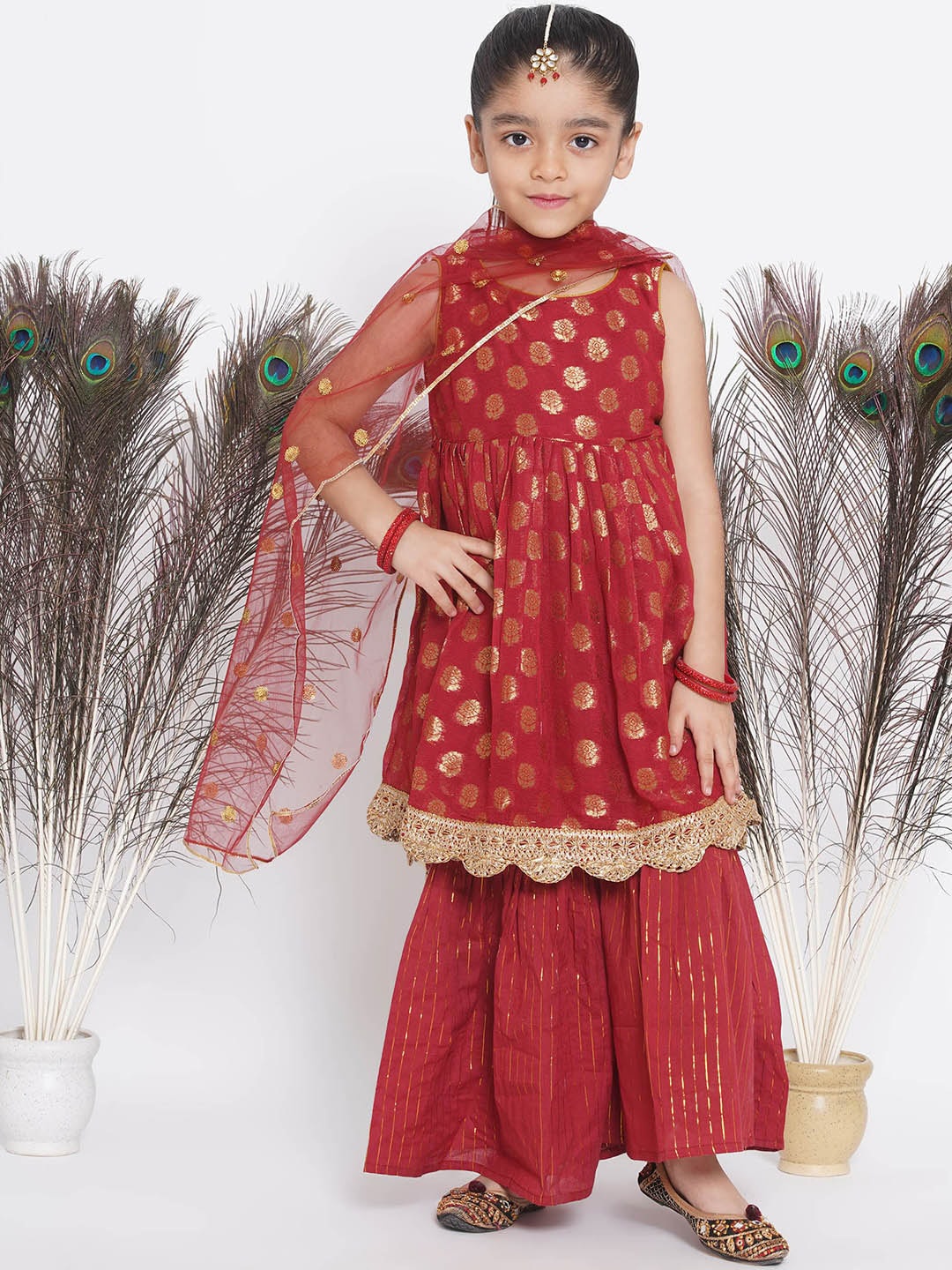 

Little Bansi Girls Floral Woven Design Empire Pure Cotton Kurta with Sharara & Dupatta, Maroon