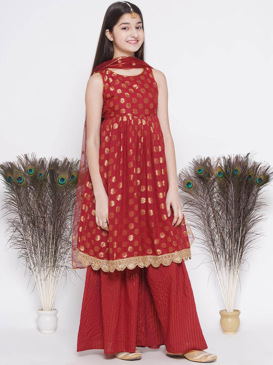 

Little Bansi Girls Floral Woven Design Pure Cotton Kurta with Sharara & Dupatta, Maroon