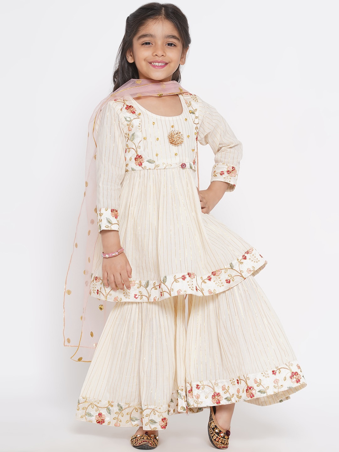 

Little Bansi Girls Striped Thread Work Empire Pure Cotton Kurta with Sharara & Dupatta, Cream