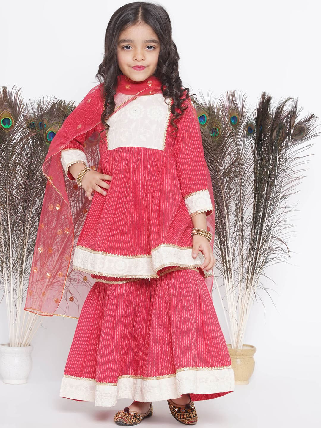 

Little Bansi Girls Striped Anarkali Pure Cotton Kurta With Sharara & Dupatta, Red