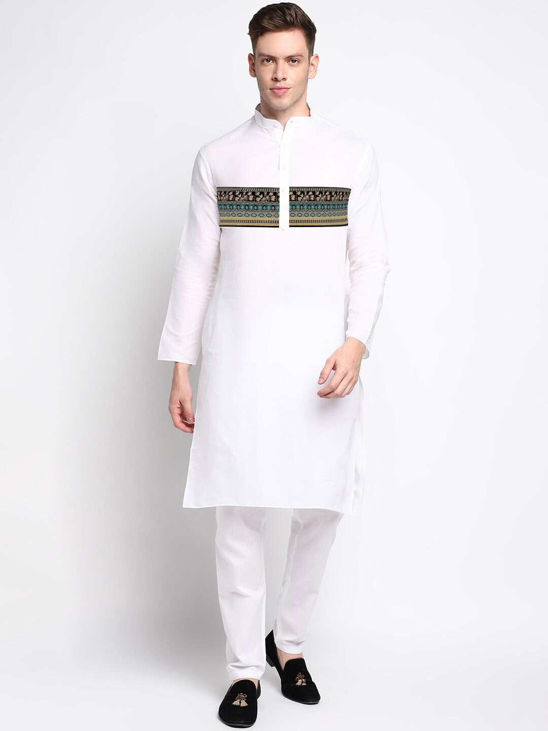 

DEVOILER Ethnic Motifs Printed Band Collar White Romance Straight Kurta