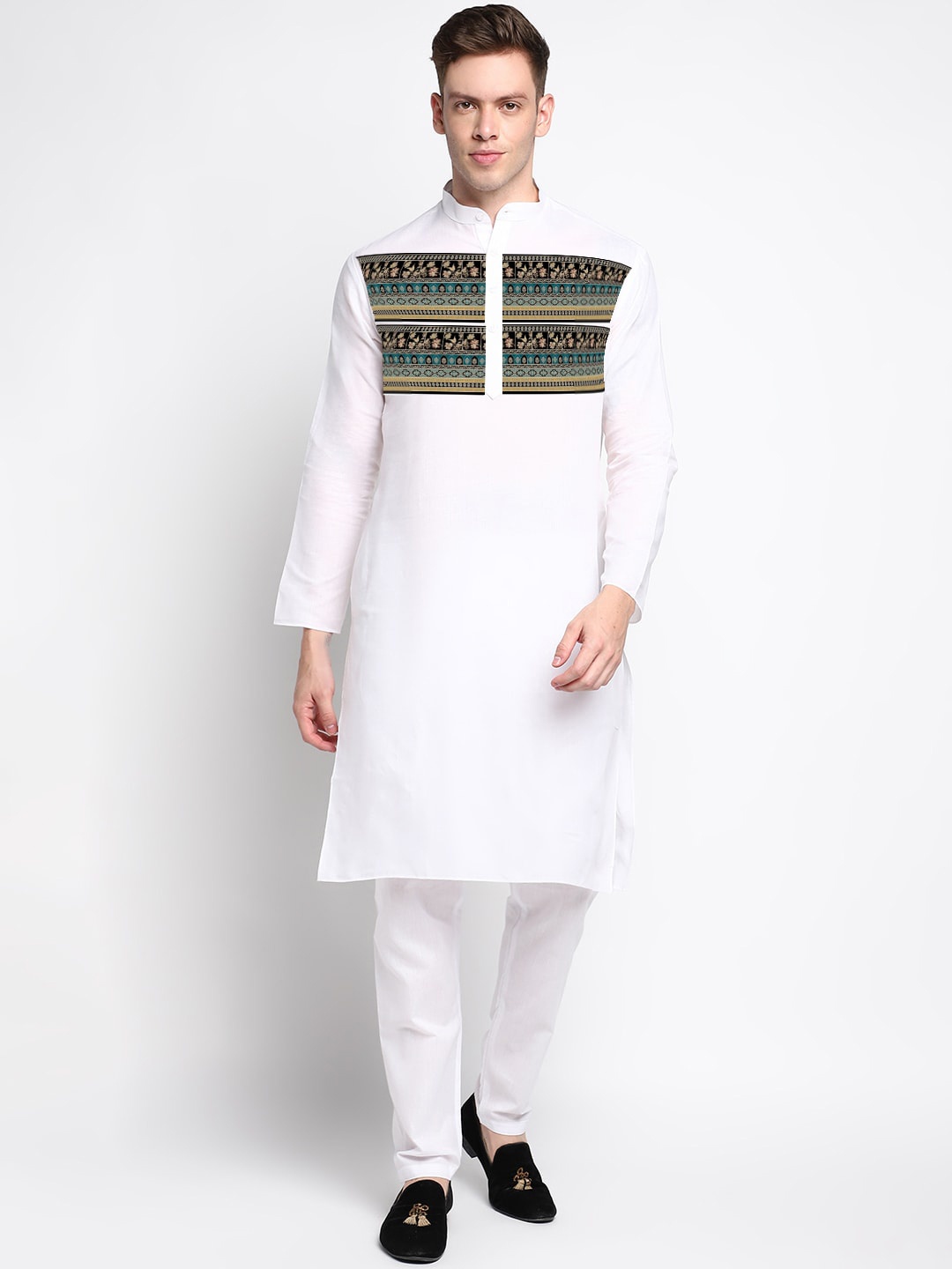 

DEVOILER Ethnic Motifs Digital Printed Band Collar Kurta, White