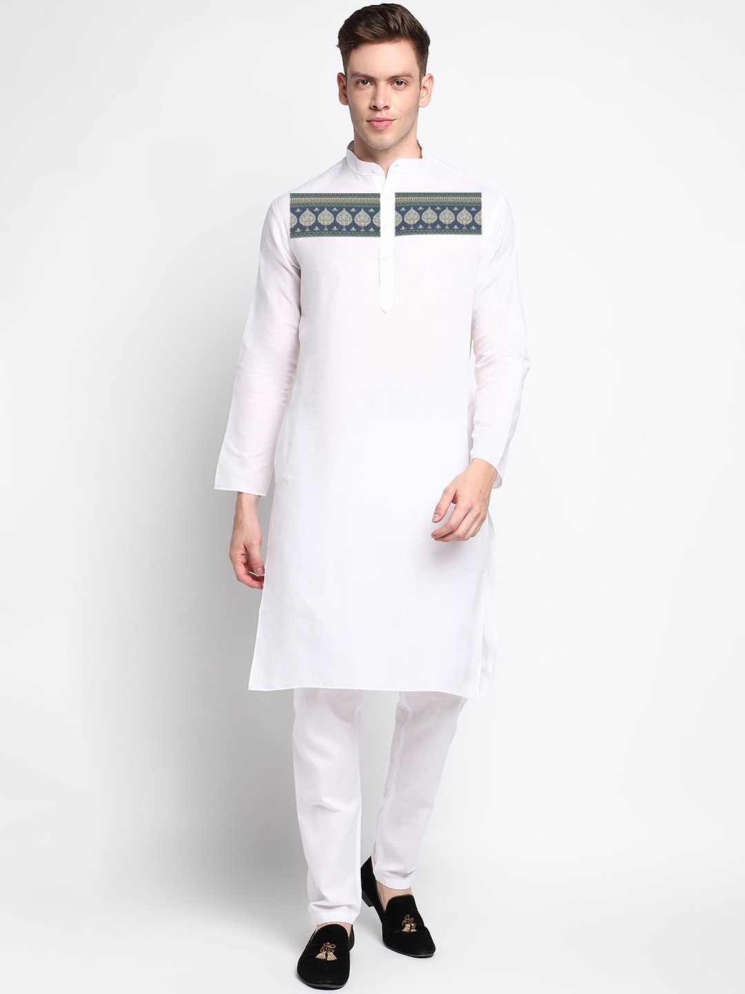 

DEVOILER Ethnic Motifs Printed Band Collar Straight Kurta, White