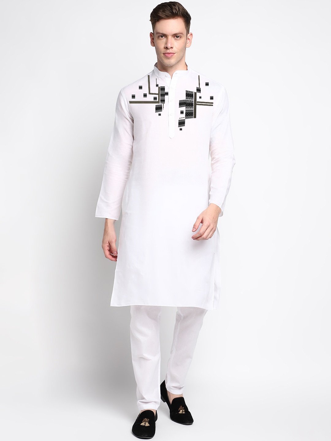 

DEVOILER Ethnic Motifs Printed Mandarin Collar Long Sleeves Straight Kurta, White