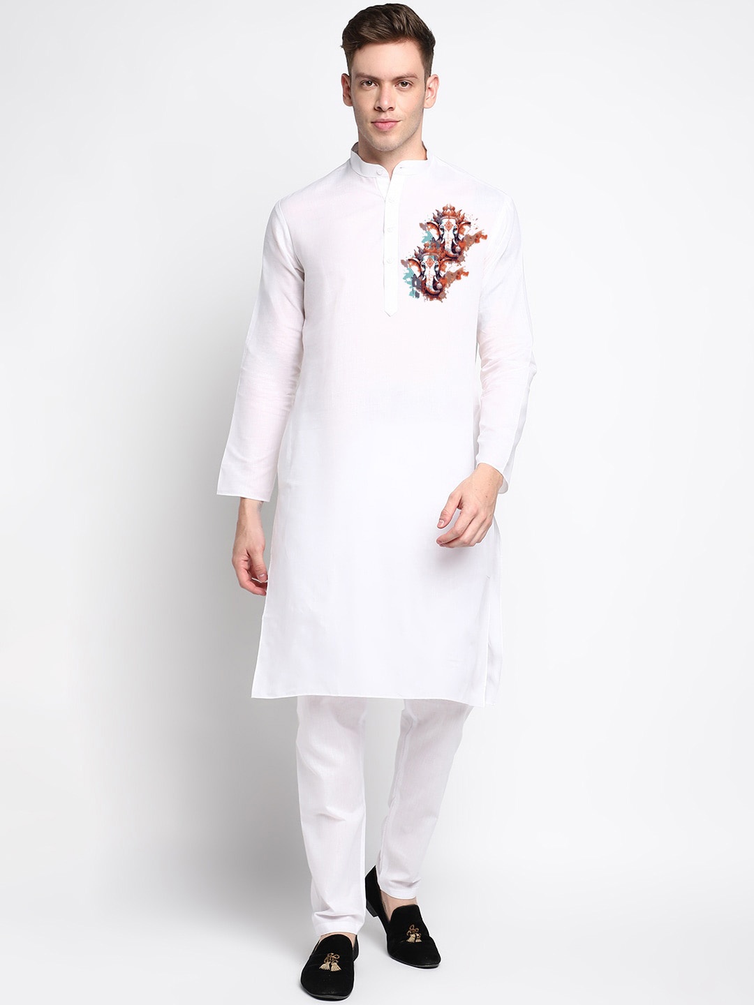 

DEVOILER Lord Ganesha Printed Mandarin Collar Long Sleeves Straight Kurta, White