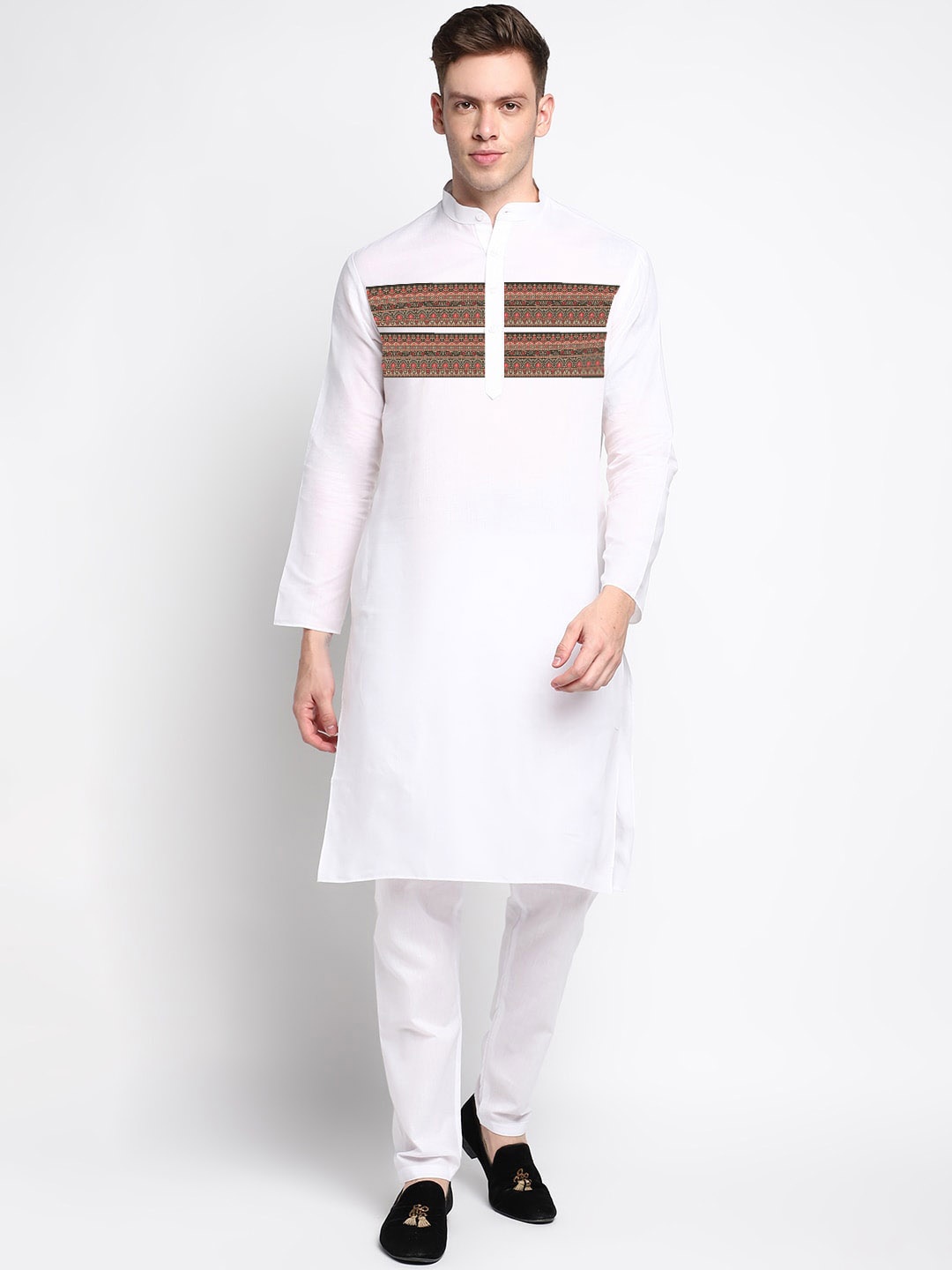 

DEVOILER Ethnic Motifs Digital Printed Band Collar Kurta, White