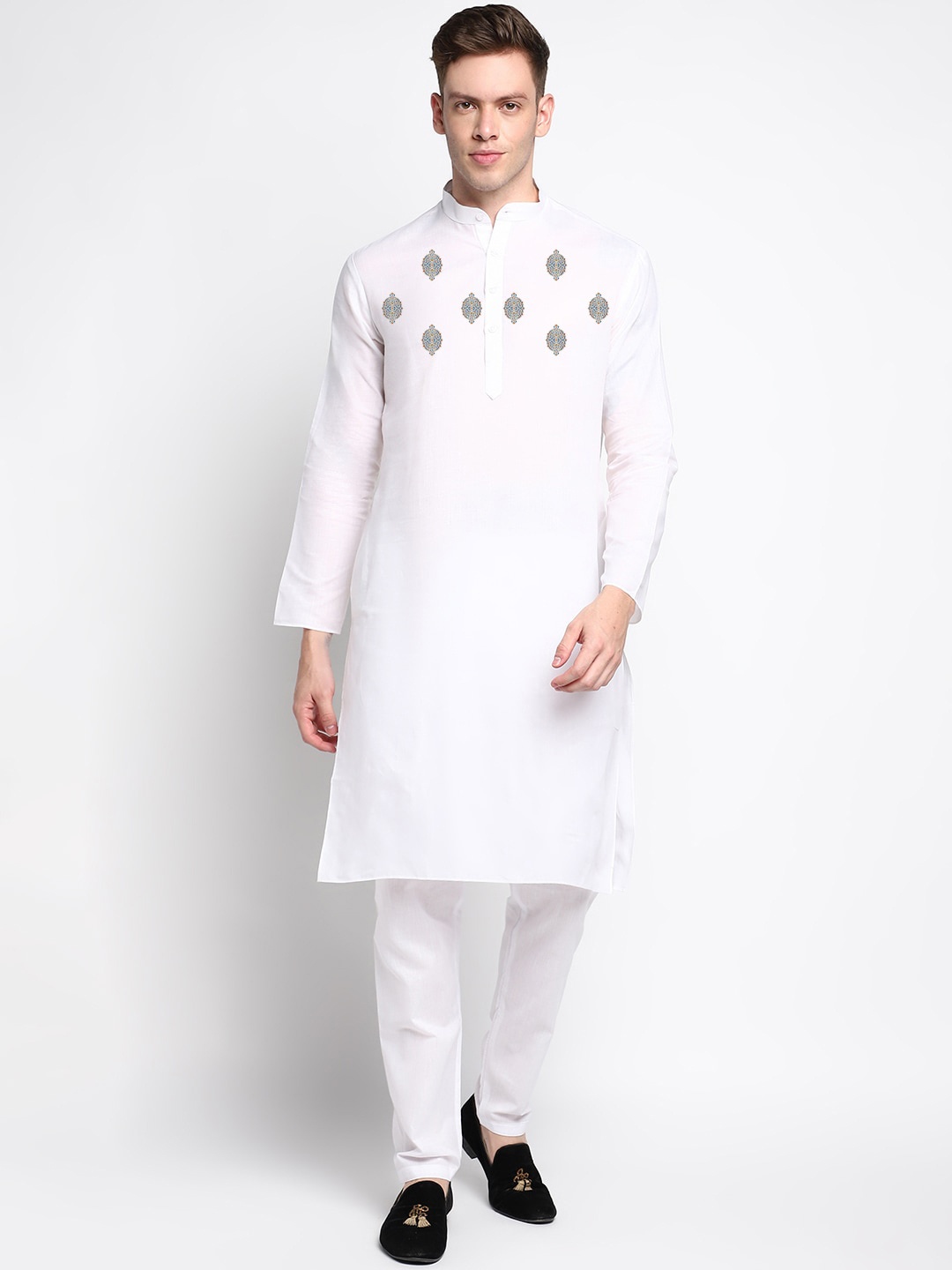 

DEVOILER Ethnic Motifs Yoke Design Band Collar Straight Kurta, White