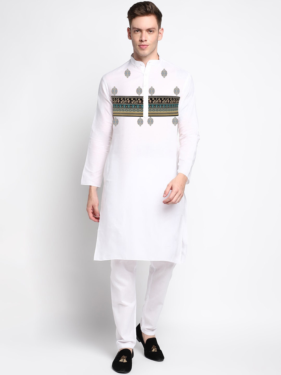 

DEVOILER Ethnic Motifs Printed Band Collar Straight Kurta, White