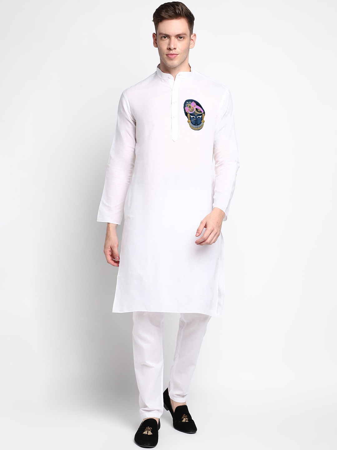 

DEVOILER Ethnic Motifs Printed Band Collar White Romance Straight Kurta