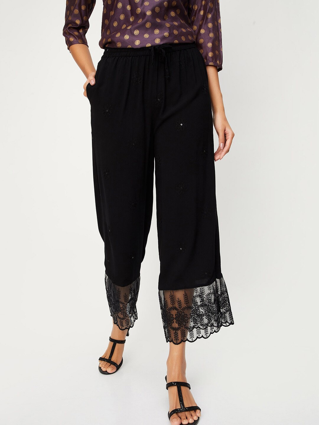 

max Floral Embroidered Palazzos, Black
