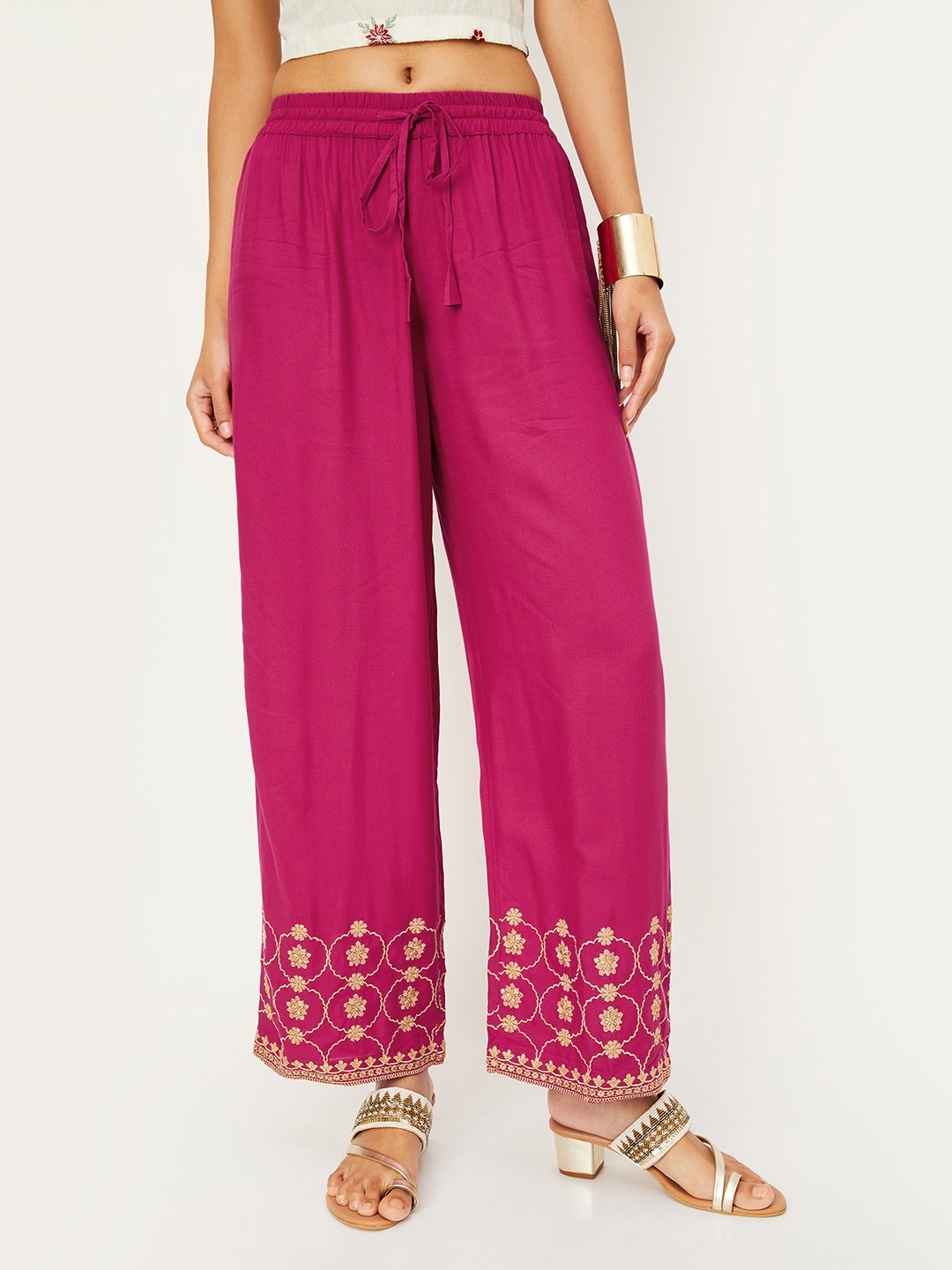 

max Women Pink & Gold-Toned Floral Embroidered Ethnic Palazzos
