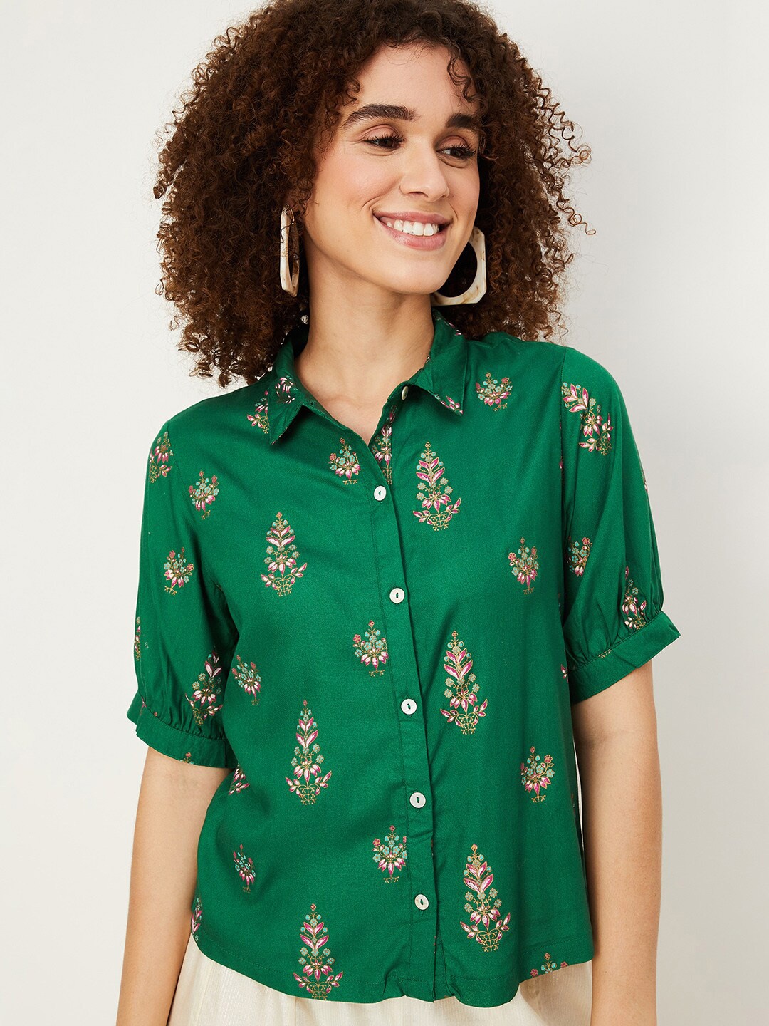 

max Green Floral Printed Shirt Style Top