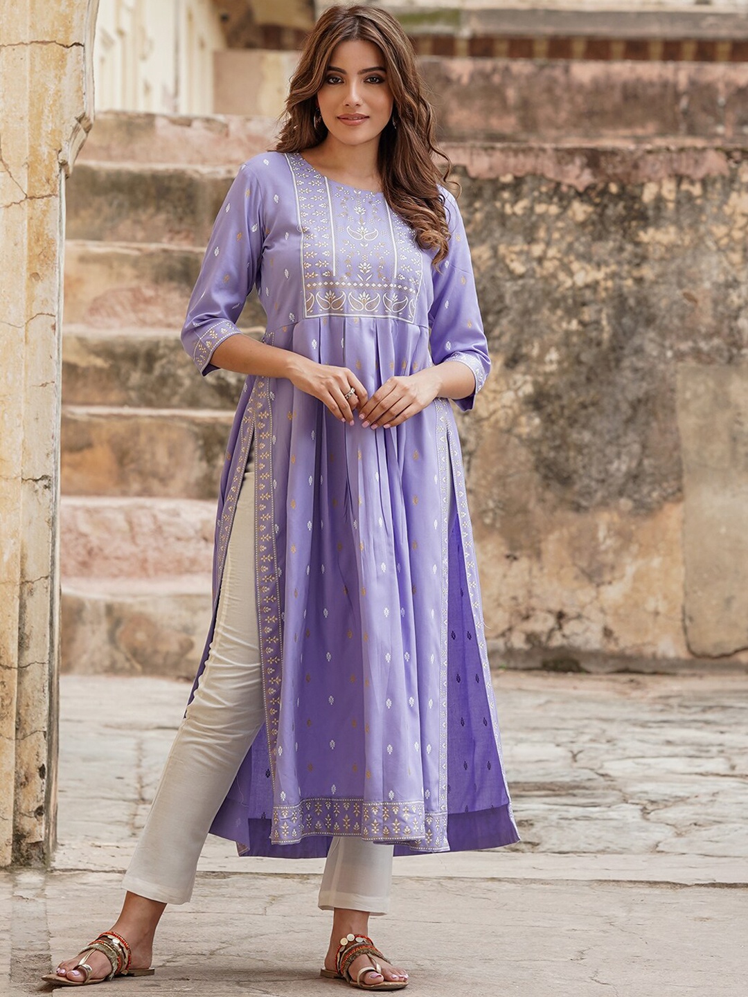 

KALINI Ethnic Motifs Printed High Slit A-Line Kurta, Purple