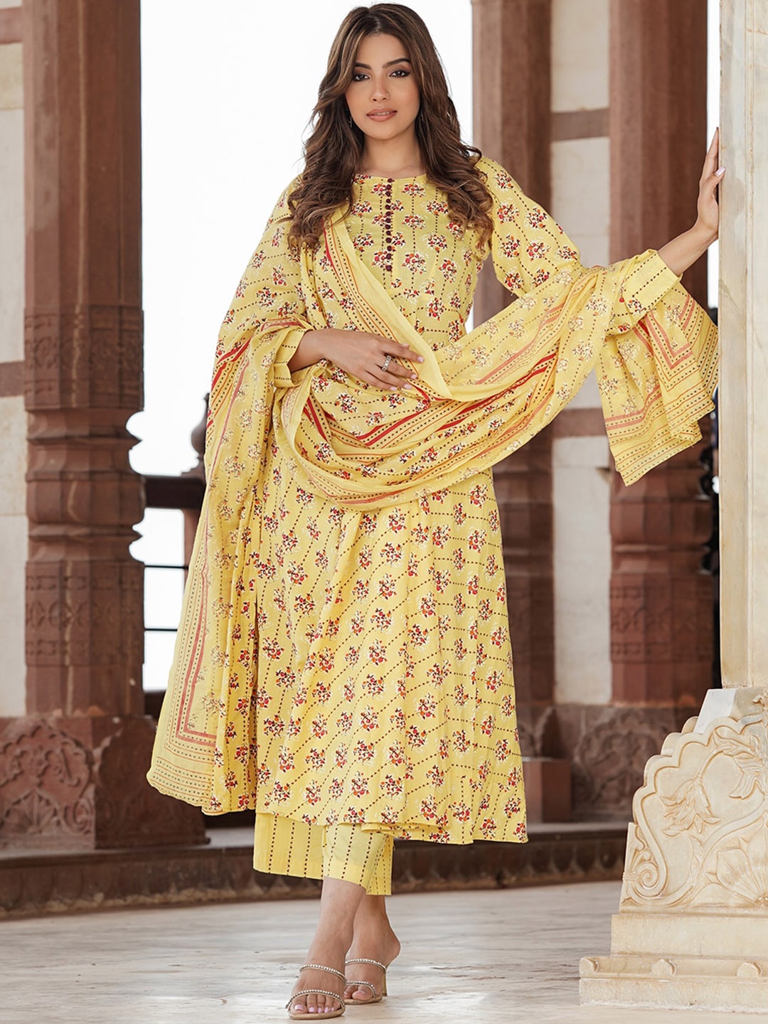 

KALINI Floral Printed Pure Cotton Kurta with Palazzos & Dupatta, Yellow