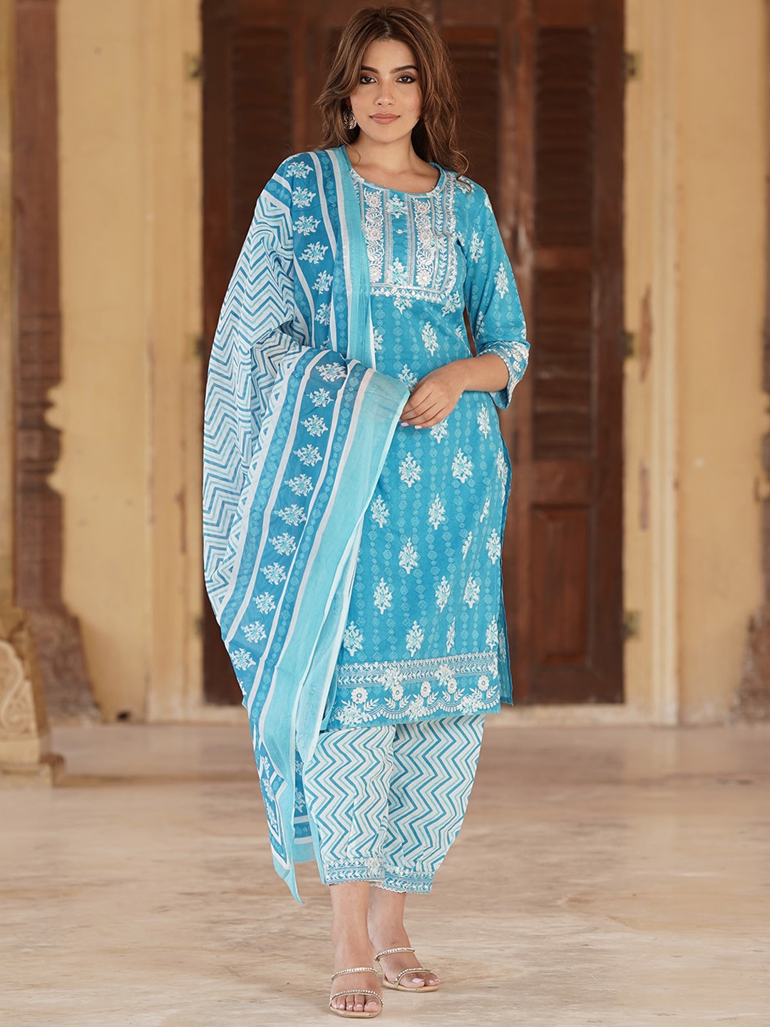 

KALINI Ethnic Motifs Printed Pure Cotton Kurta with Salwar & Dupatta, Blue