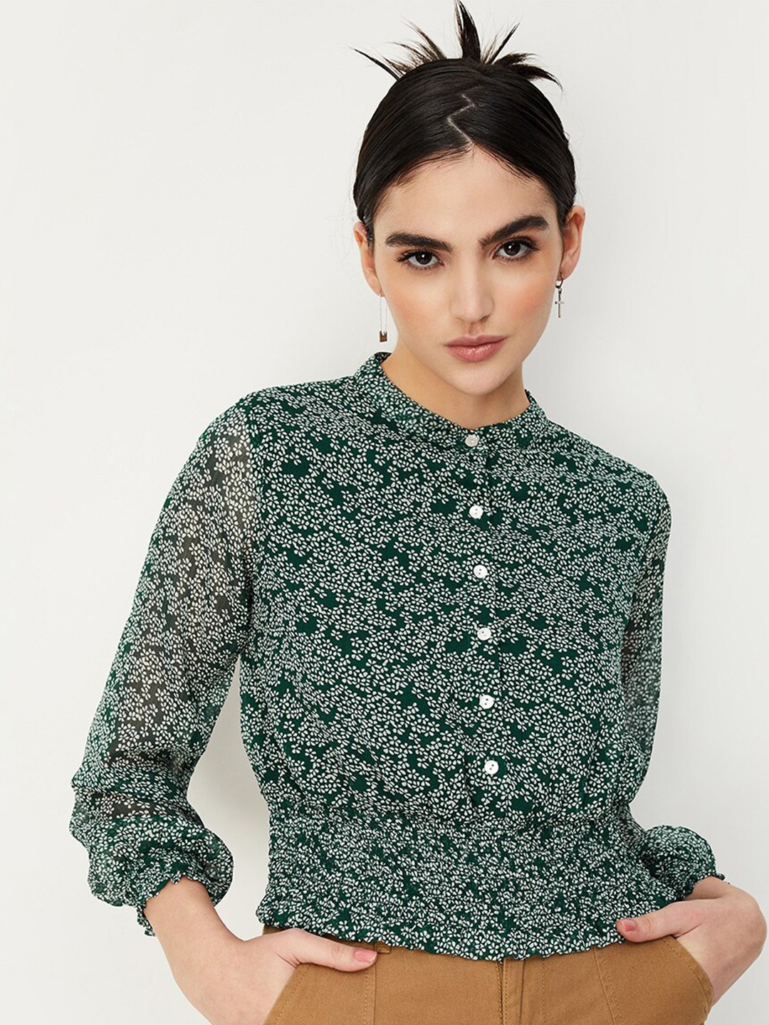 

max Floral Print Band Collar Shirt Style Top, Green