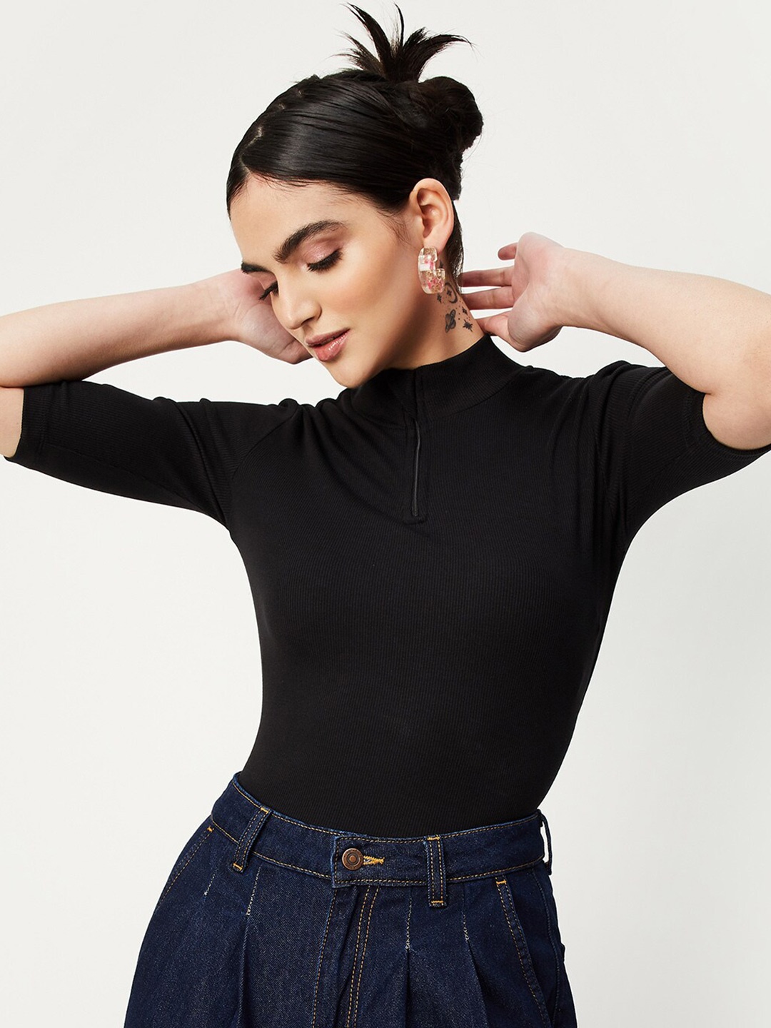 

max High Neck Short Sleeves Regular Top, Black