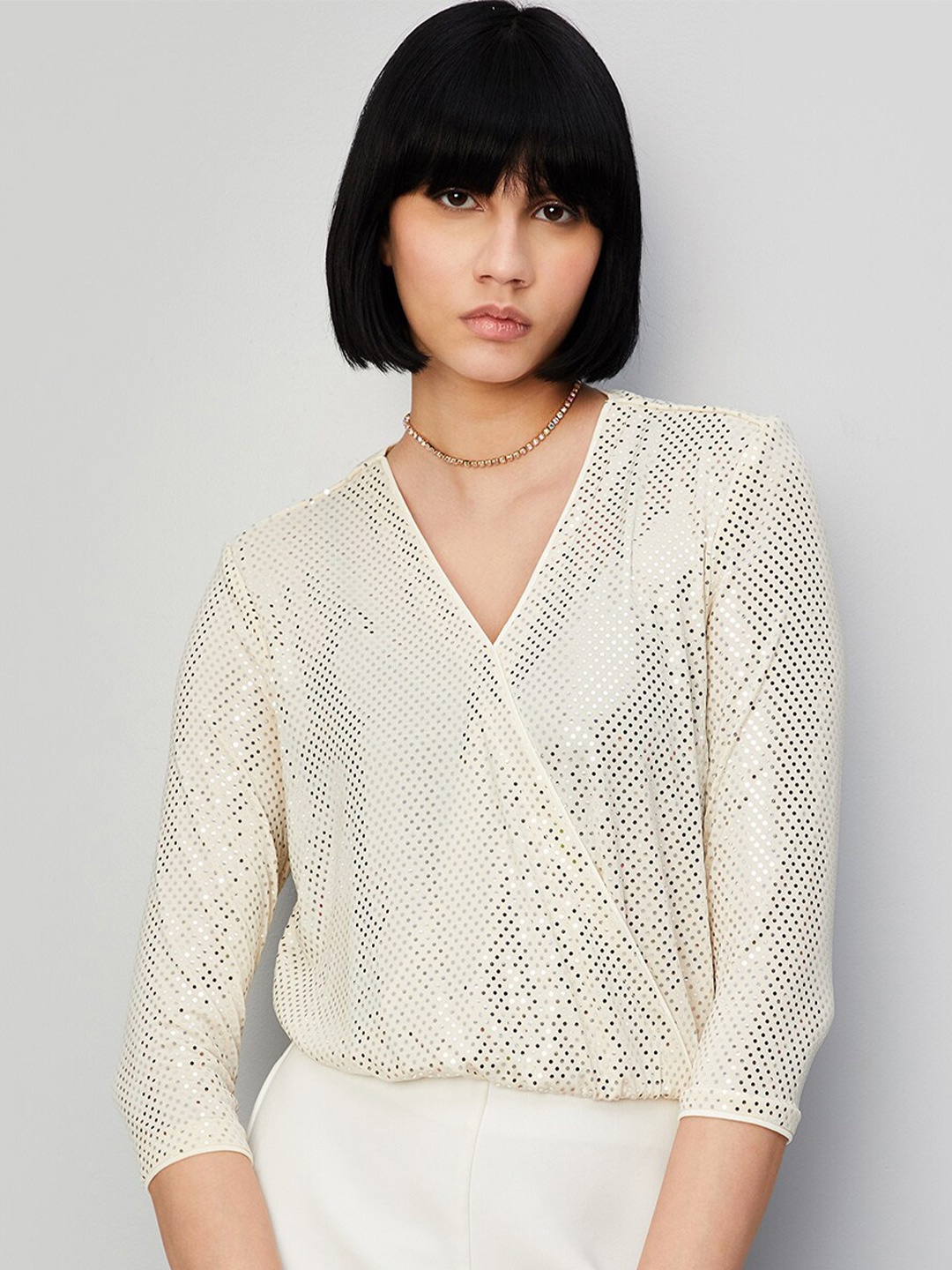 

max Beige Embellished V- Neck Wrap Crop Top