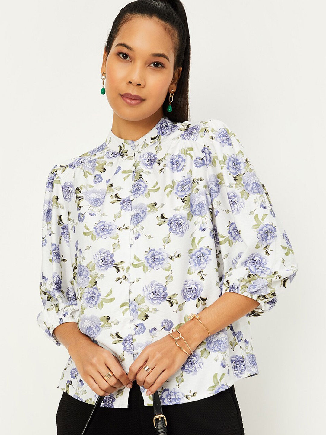 

max Floral Printed Puff Sleeves Shirt Style Top, White