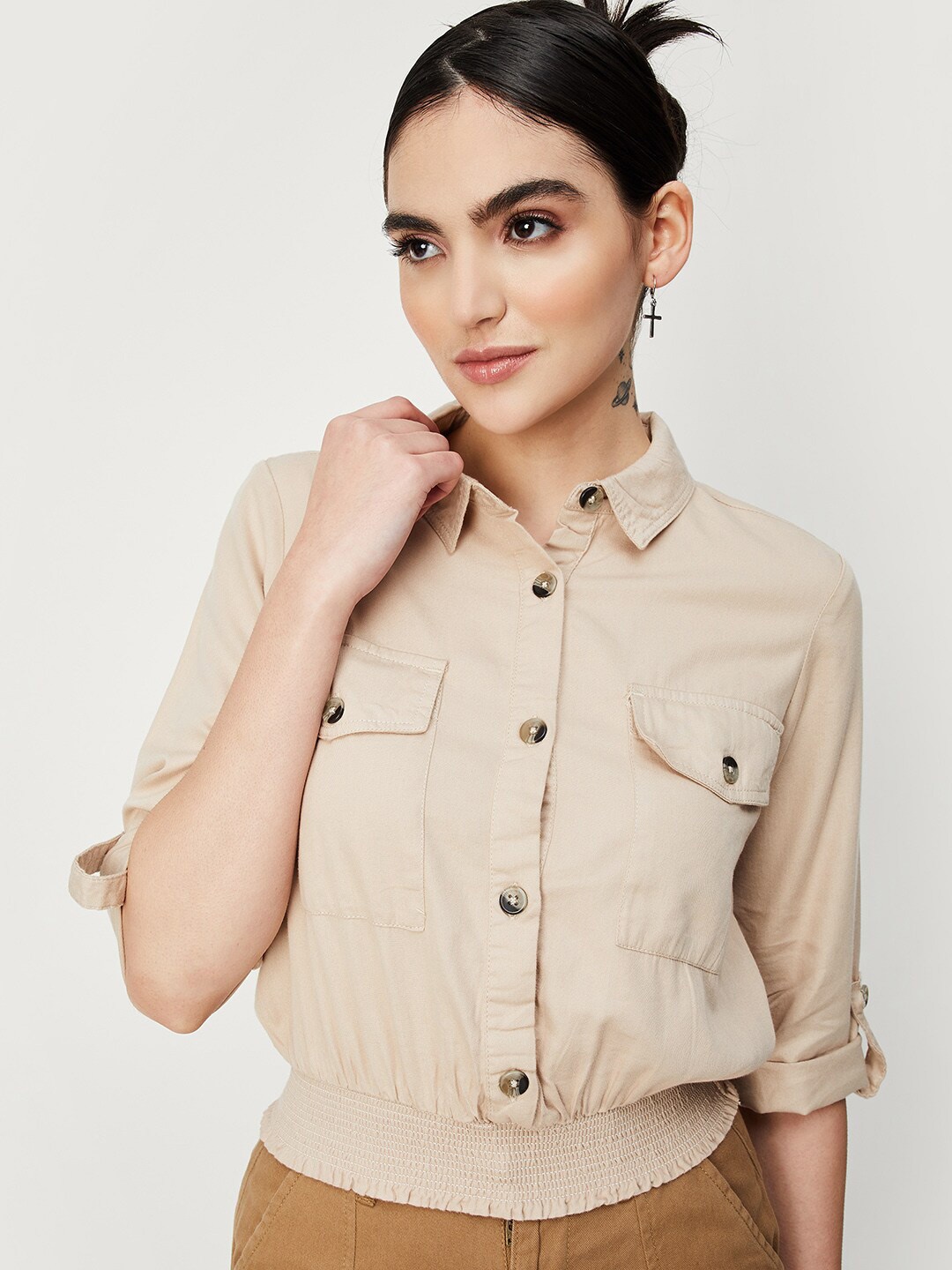 

max Cotton Roll-Up Sleeves Shirt Style Top, Beige