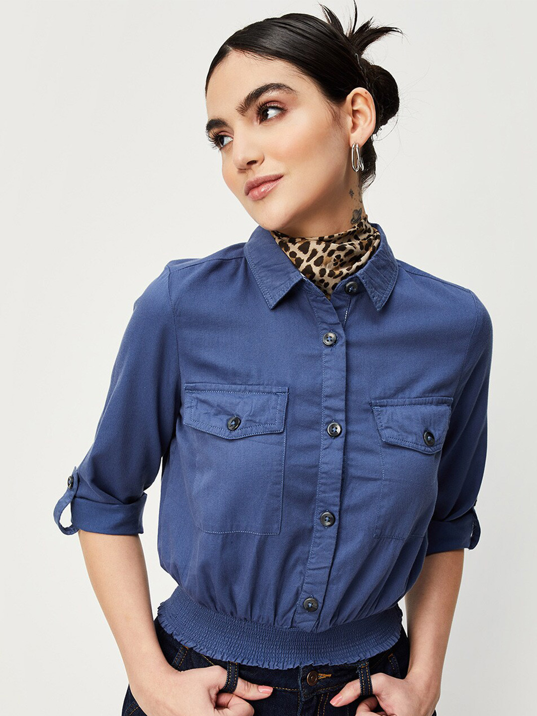 

max Shirt Collar Roll-Up Sleeves Smocked Shirt Style Top, Blue