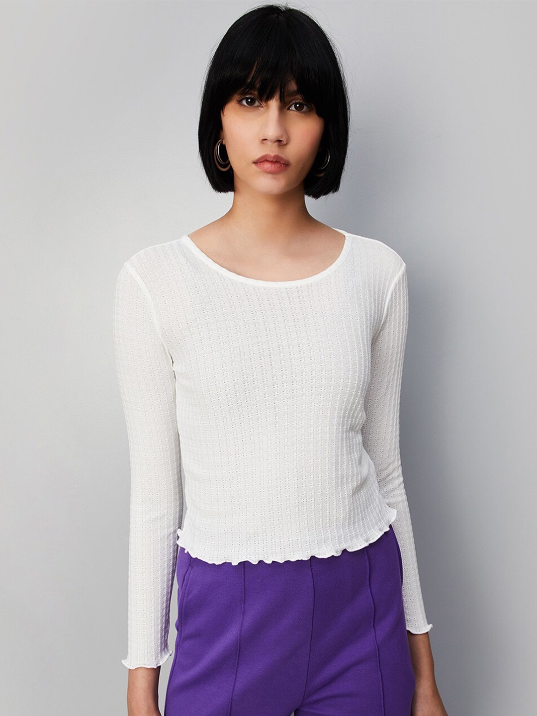 

max Self Design Round Neck Regular Top, White