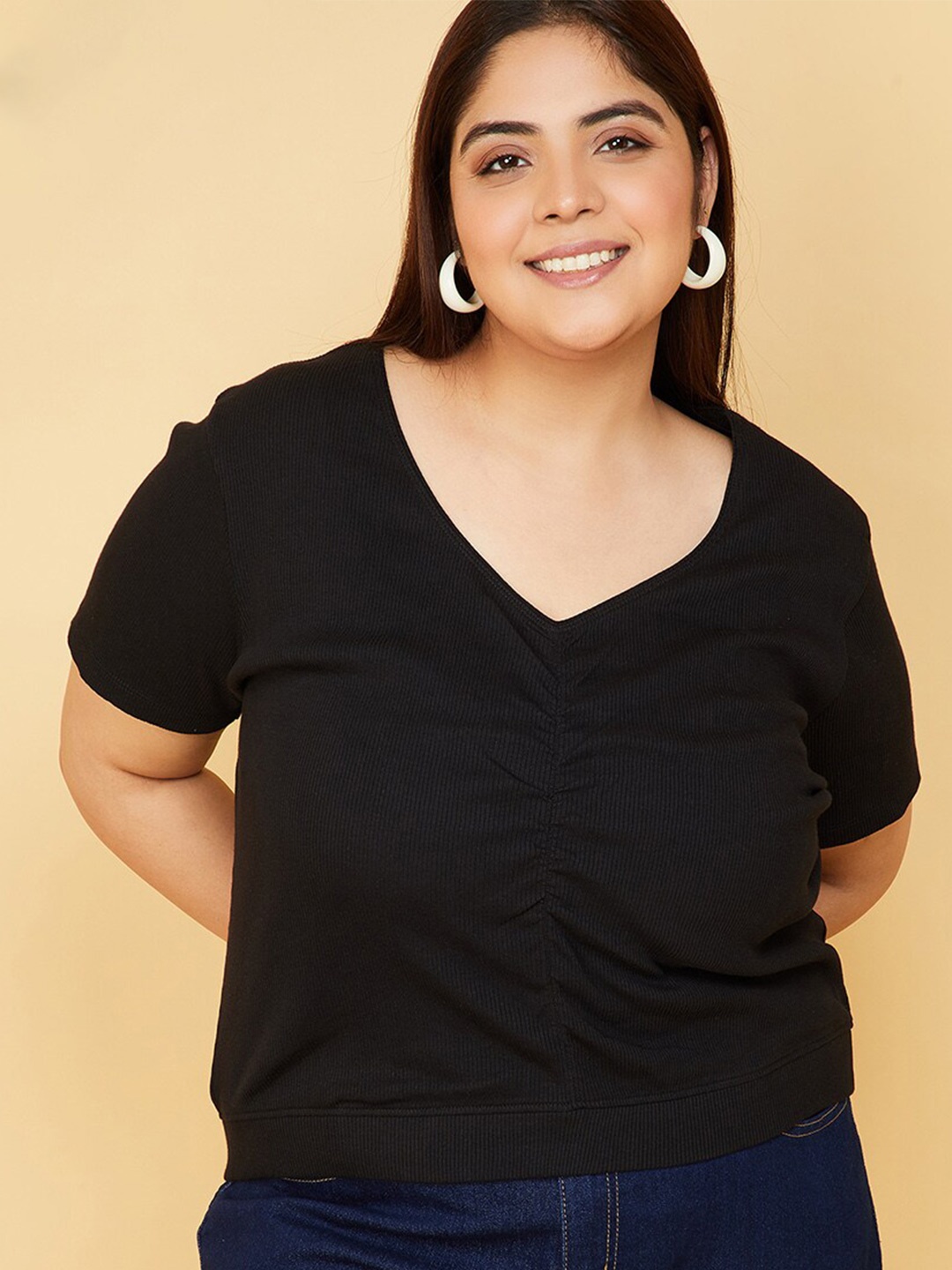 

max Plus Size V-Neck Ribbed Top, Black