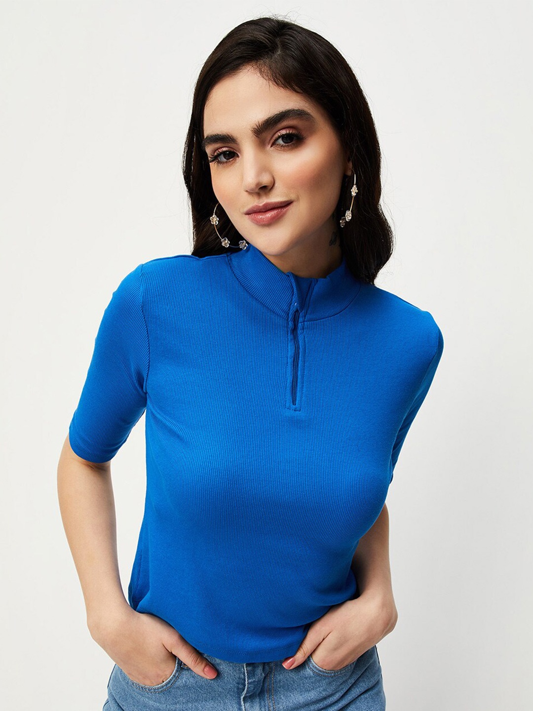 

max High Neck Cotton Top, Blue