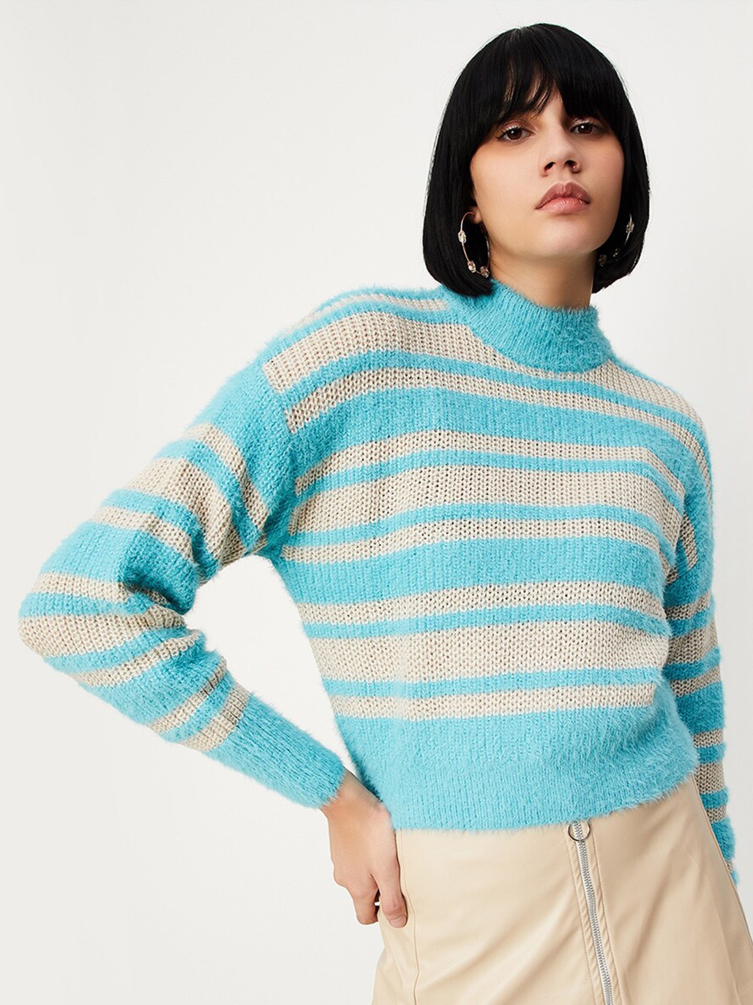 

max Striped Mock Collar Acrylic Pullover, Blue