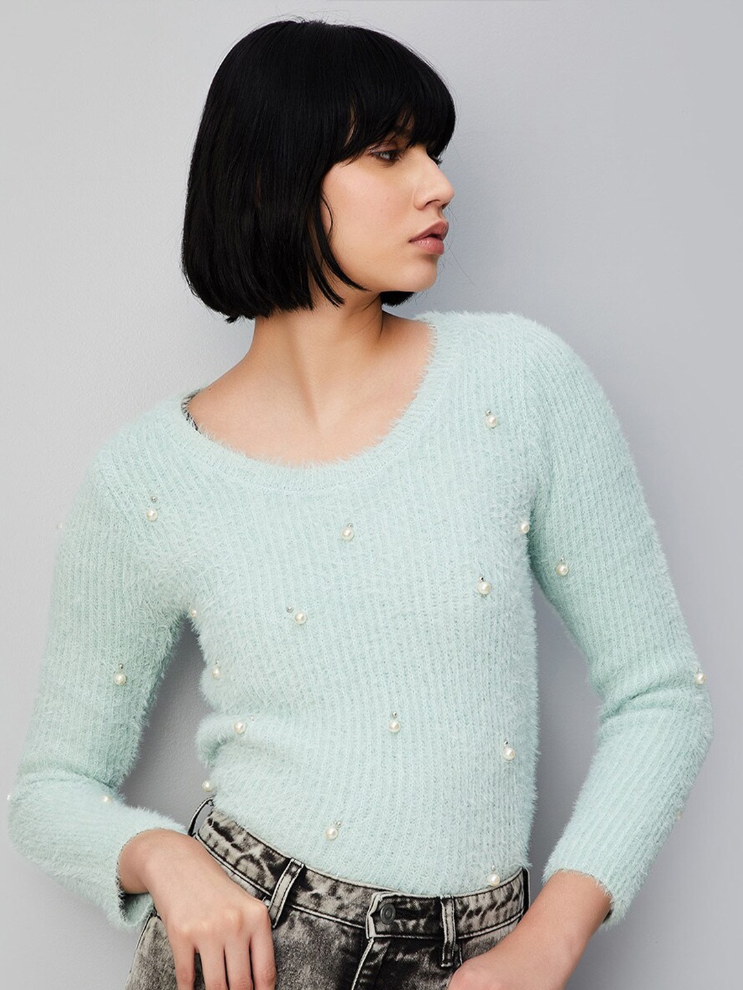 

max Open Knit Embellished Pullover, Green