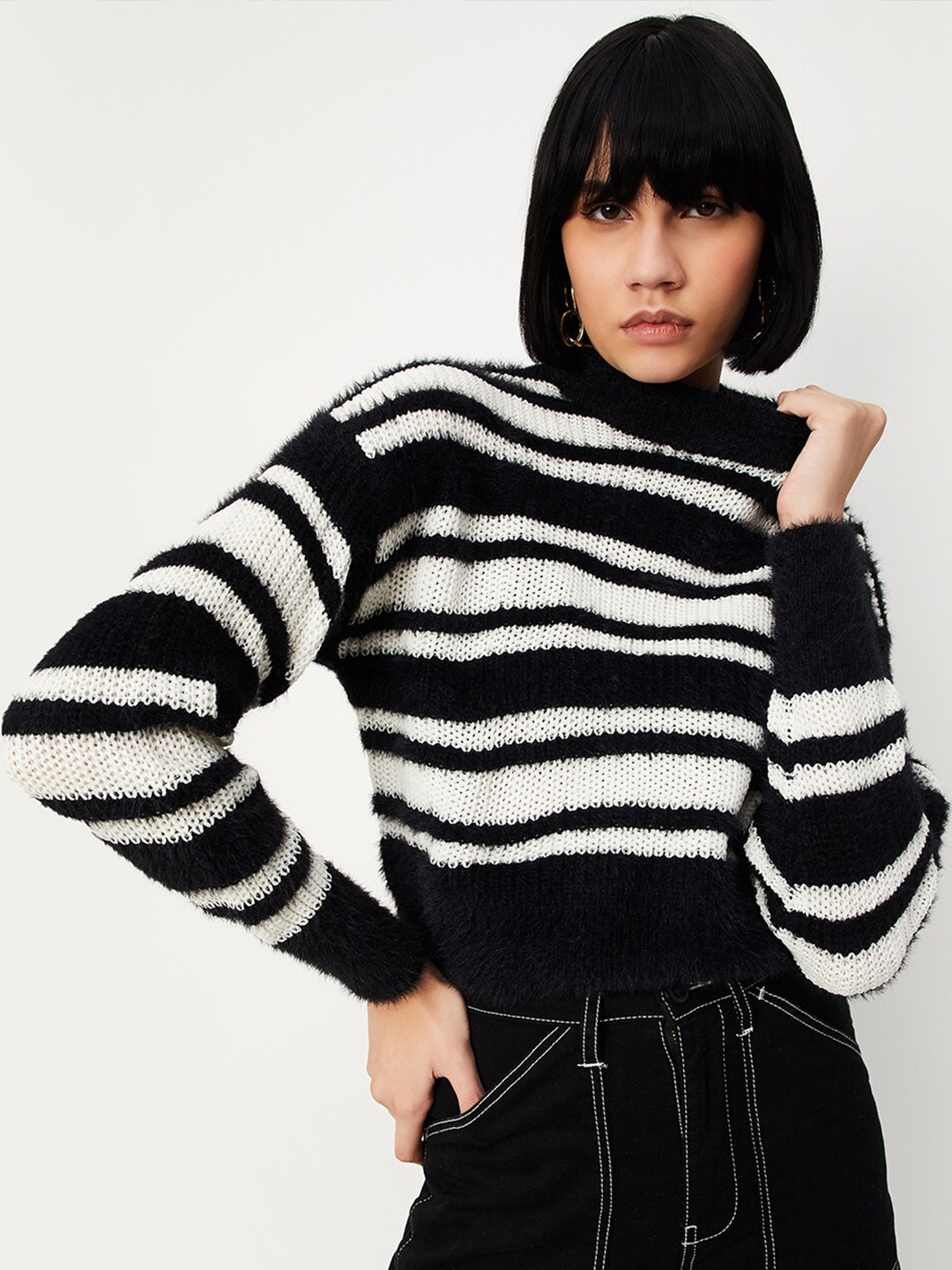 

max Striped Turtle Neck Acrylic Pullover, Black