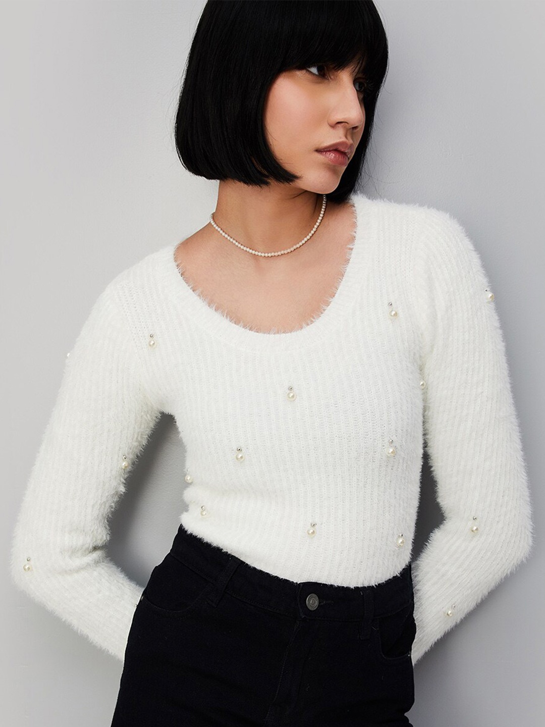 

max Striped Scoop Neck Pullover, White