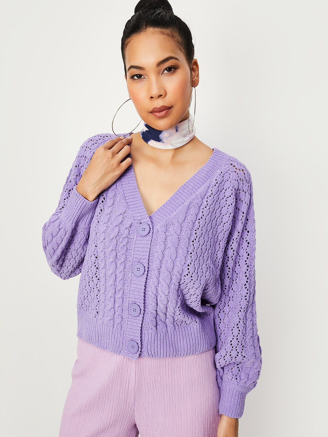 

max V-Neck Cable Knit Cardigan, Purple