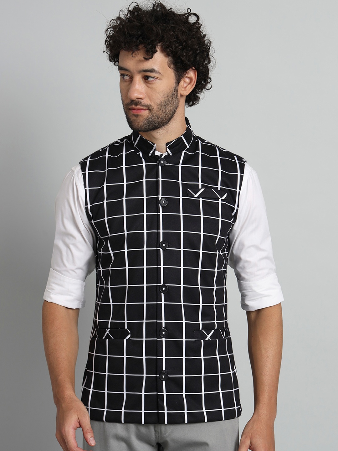 

BAESD Checked Mandarin Collar Nehru Jacket, Black