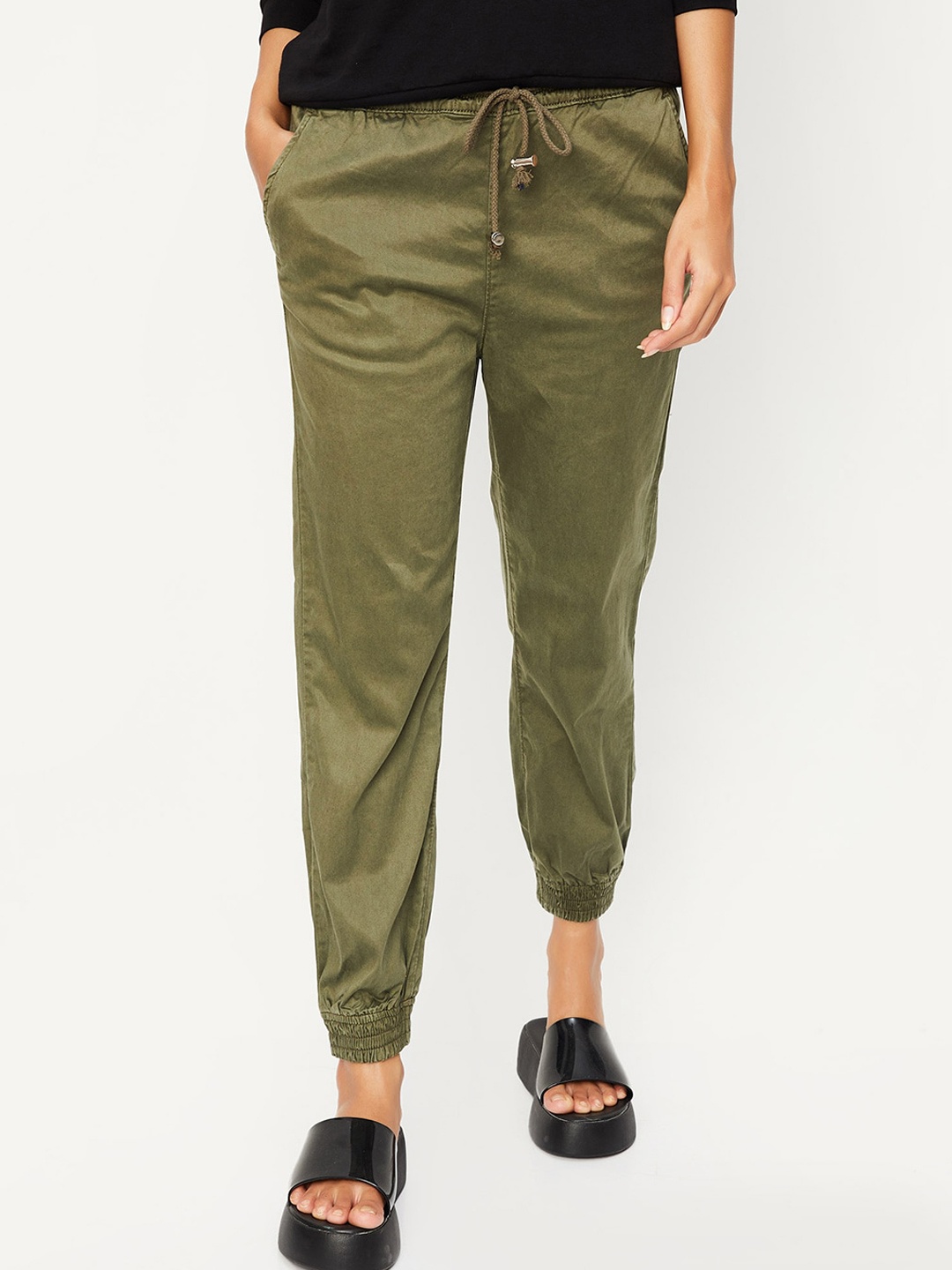 

max Women Mid Rise Cotton Joggers, Olive