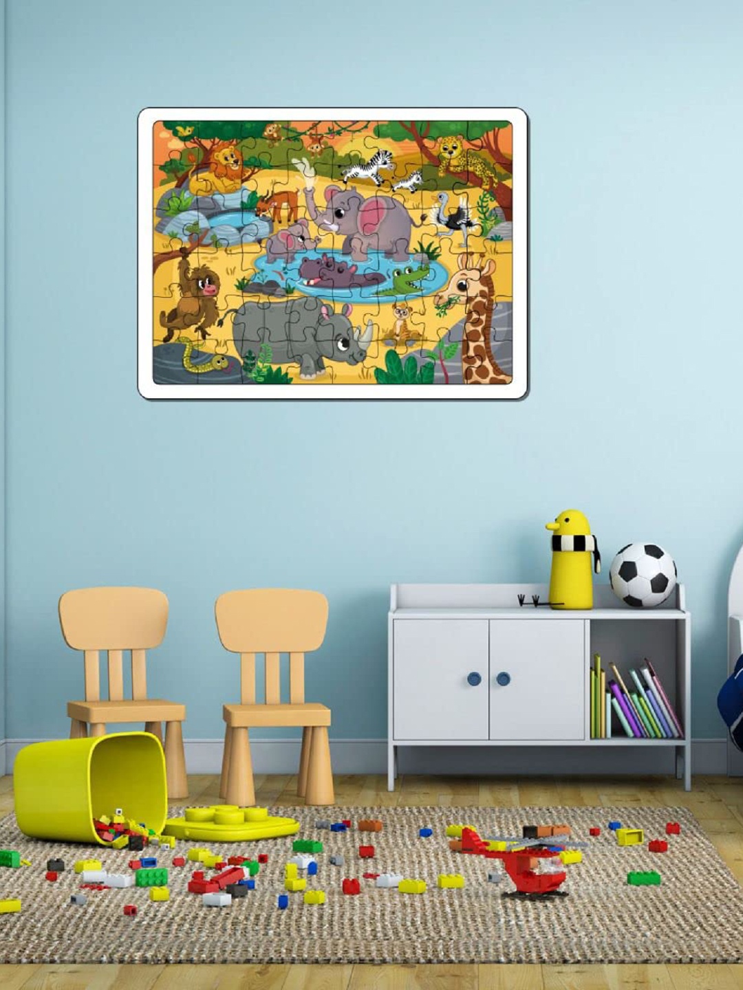 

Mini Leaves Kids Wild Safari Animals 48 Pieces Wooden Jigsaw Floor Puzzles with Wooden Box, Yellow