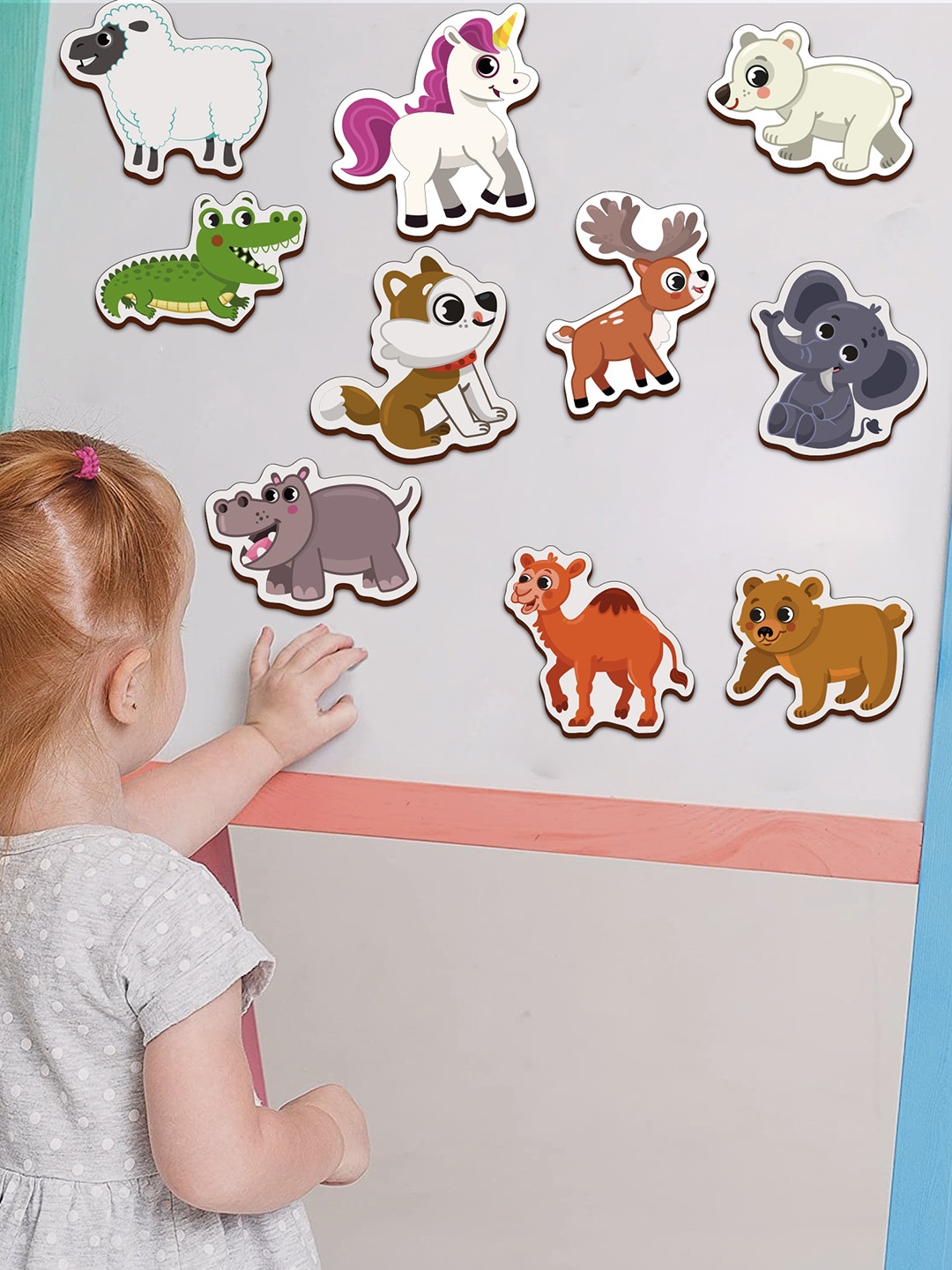 

Mini Leaves Kids Set Of 10 Animals Wooden Fridge Magnets Cut Outs, Green