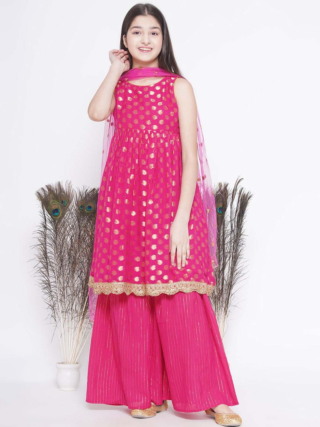 

Little Bansi Girls Ethnic Motifs Woven Design Pure Cotton Kurta with Sharara & Dupatta, Pink