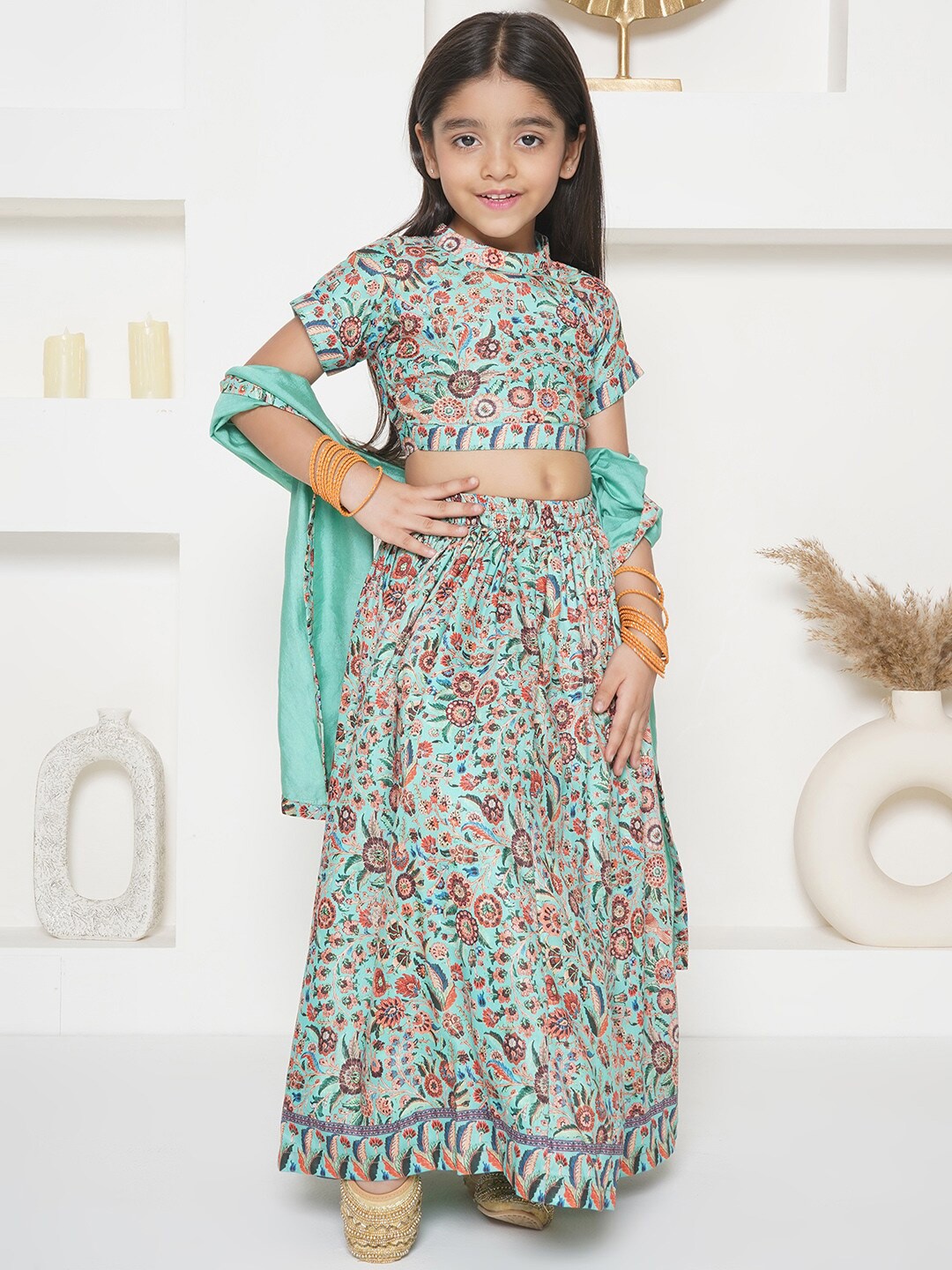 

Little Bansi Girls Floral Printed Ready to Wear Lehenga & Blouse With Dupatta, Green