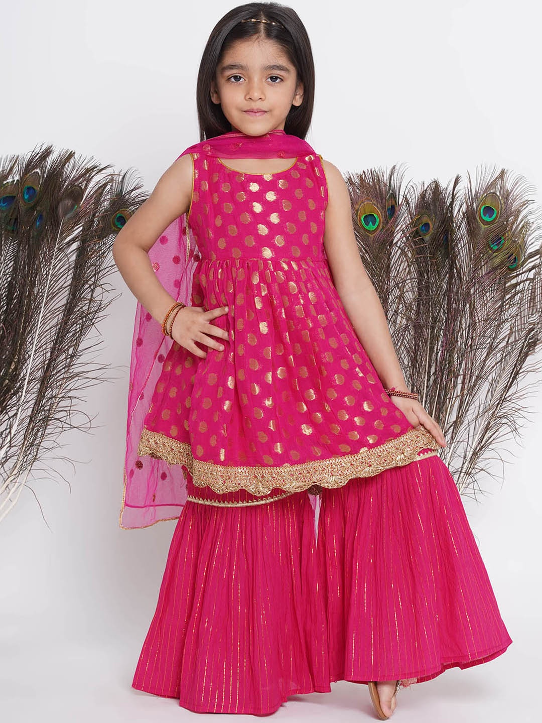 

Little Bansi Girls Ethnic Motifs Woven Design Pure Cotton Kurta with Sharara & Dupatta, Pink