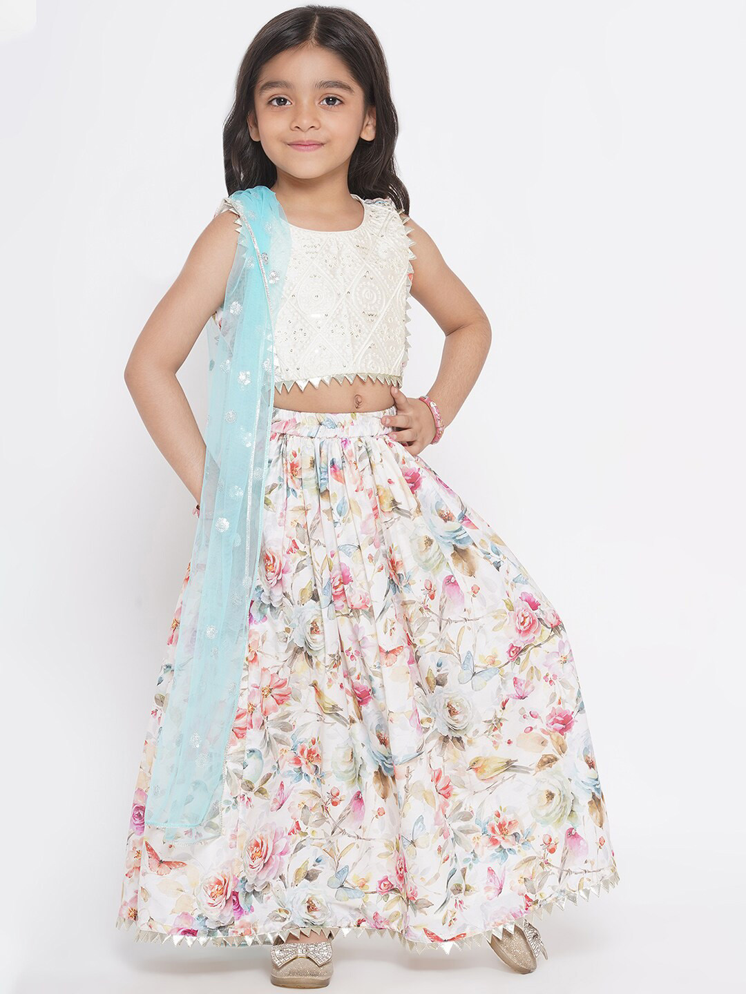 

Little Bansi Girls Embroidered Ready to Wear Lehenga & Blouse With Dupatta, Cream
