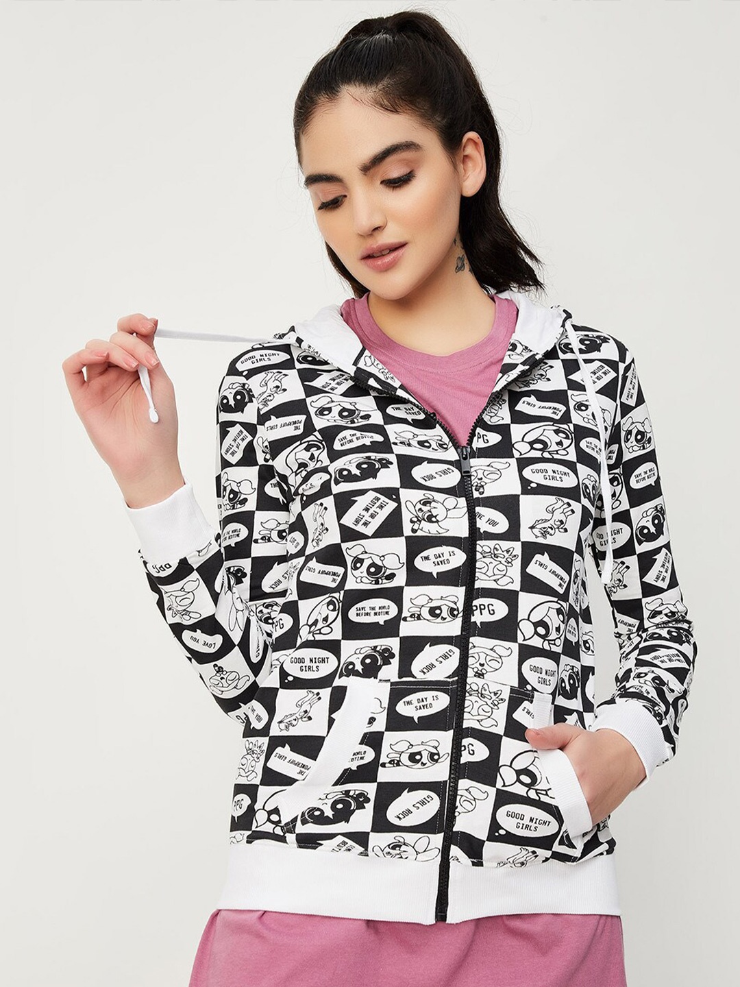 

max Powerpuff Girls Printed Hooded Cotton Front-Open, Black