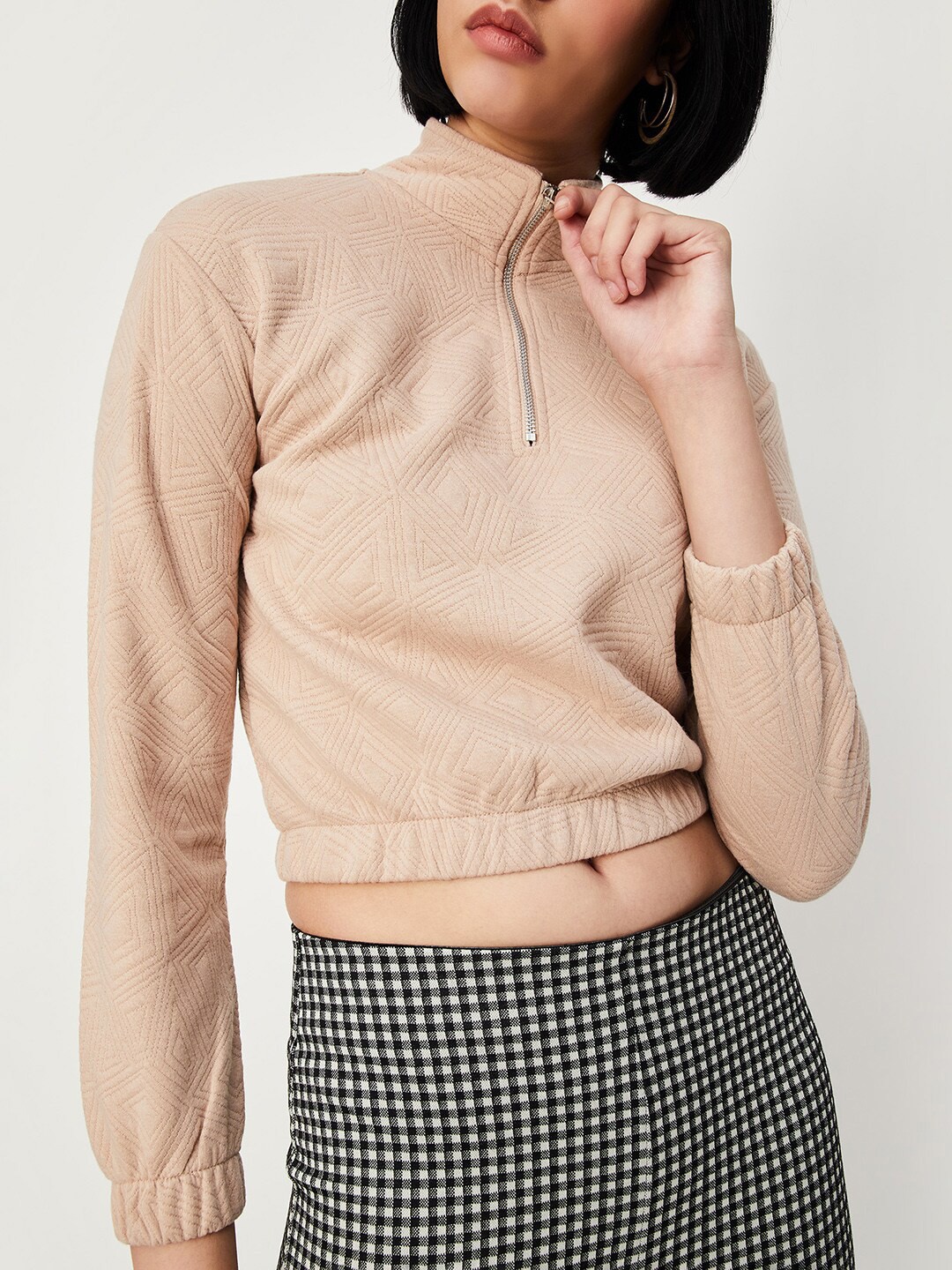 

max Self Design Mock Collar Cotton Pullover Sweatshirt, Beige